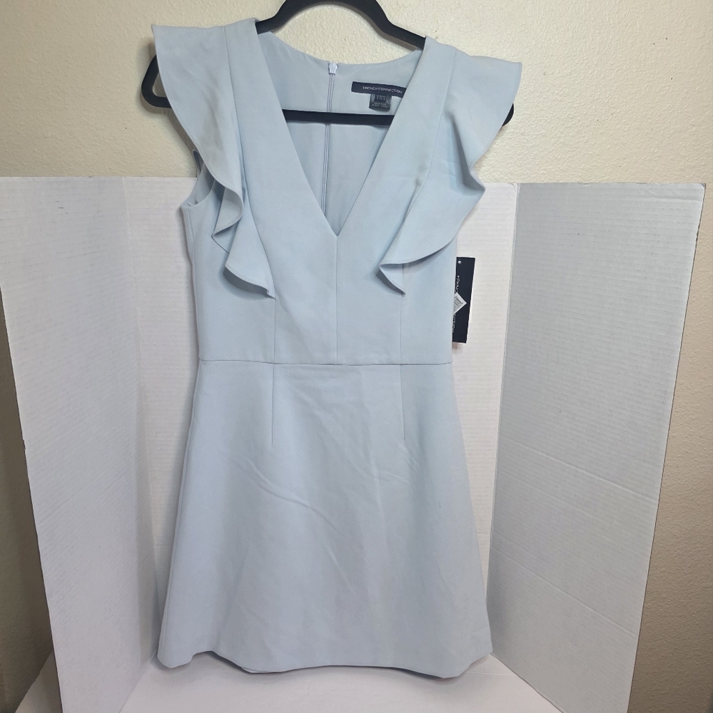 French Connection Blue Sheath Dress V-Neck Flutter Sleeves
